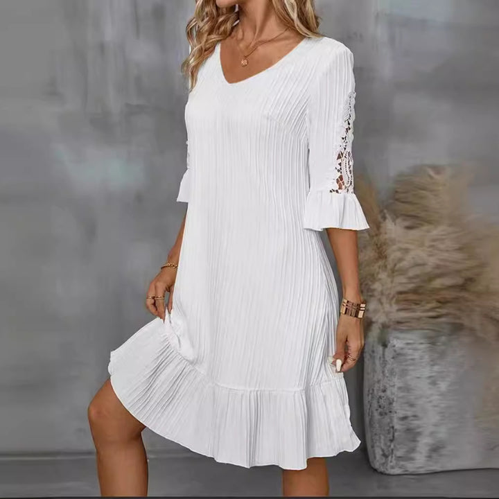 Damen nan leichtes Plissee-Midikleid mit V-Ausschnitt, dreiviertelärmeln mit Häkelspitze und Volantsaum Drune