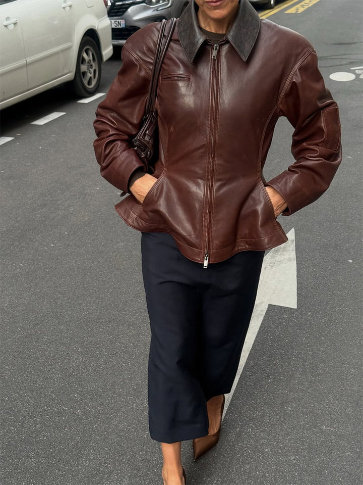 Damen Lederjacke mit tailliertem Schößchen, Reißverschluss & großem Hemdkragen Drune