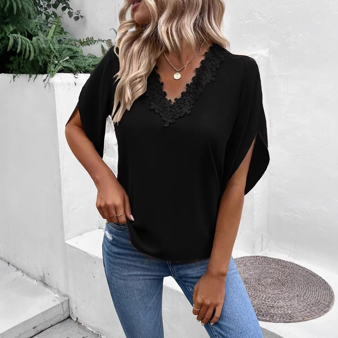 Damen Elegante V-Ausschnitt Bluse mit floraler Spitzenkante und Fledermausärmeln Drune