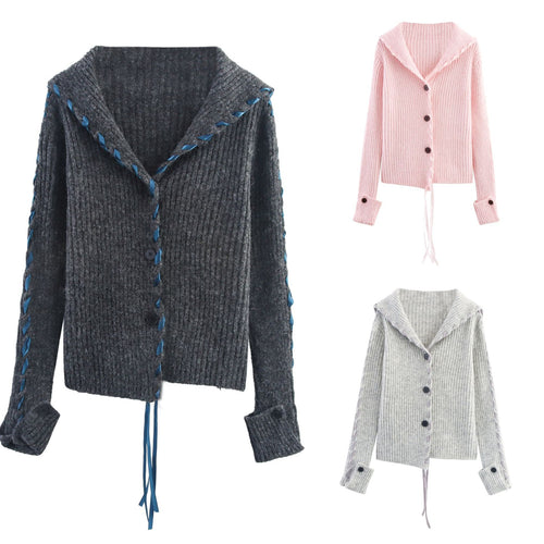 Damen Strickjacke mit künstlerischem Kragen und Rippstruktur Drune