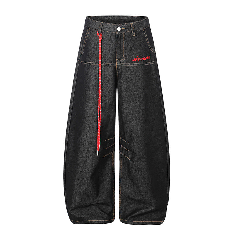 Damen Extraweite Palazzo-Jeans mit dekorativem Kordelzug und Ziernähten Drune