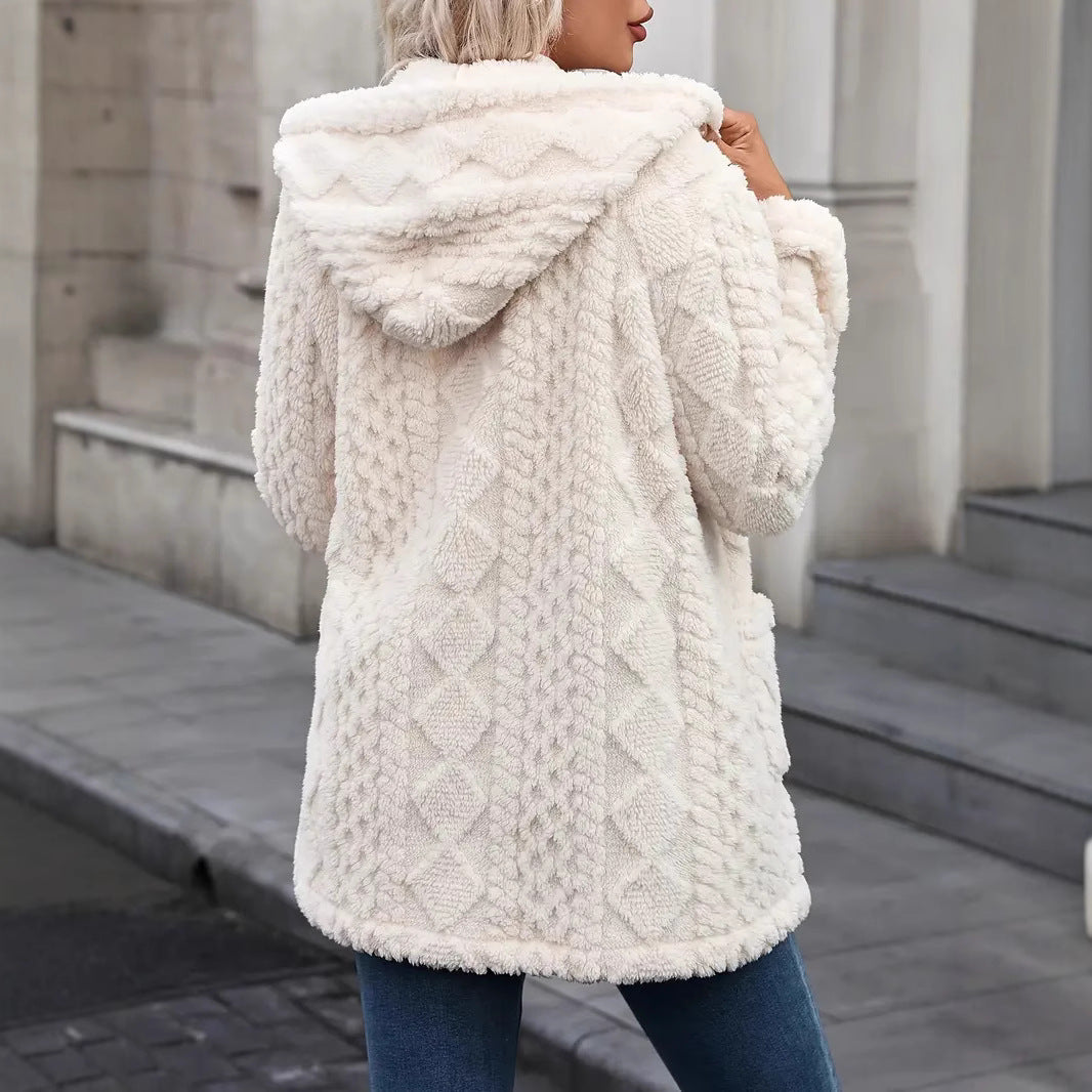 Damen angenehme und weiche Plüschjacke mit Kapuze und Taschen Drune