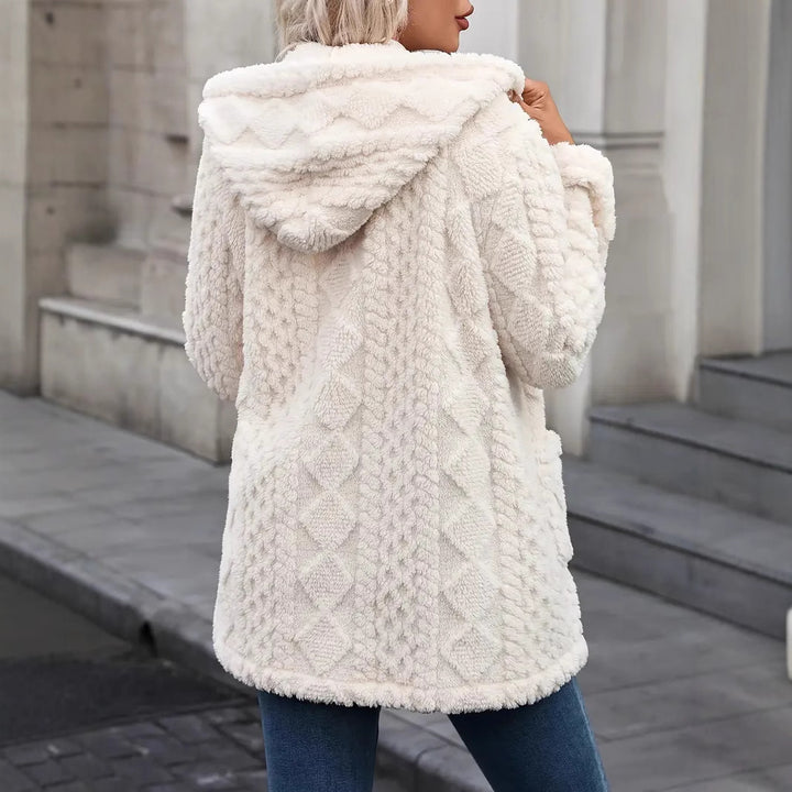 Damen angenehme und weiche Plüschjacke mit Kapuze und Taschen Drune