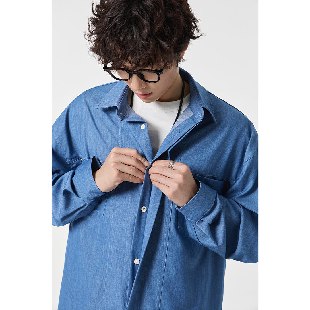 Herren Oversize Hemdjacke aus leichter Denim-Qualität mit verdeckter Knopfleiste und Brusttaschen Drune