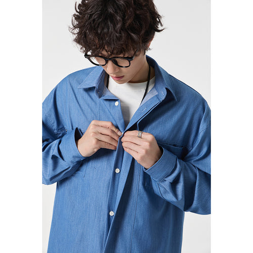 Herren Oversize Hemdjacke aus leichter Denim-Qualität mit verdeckter Knopfleiste und Brusttaschen Drune