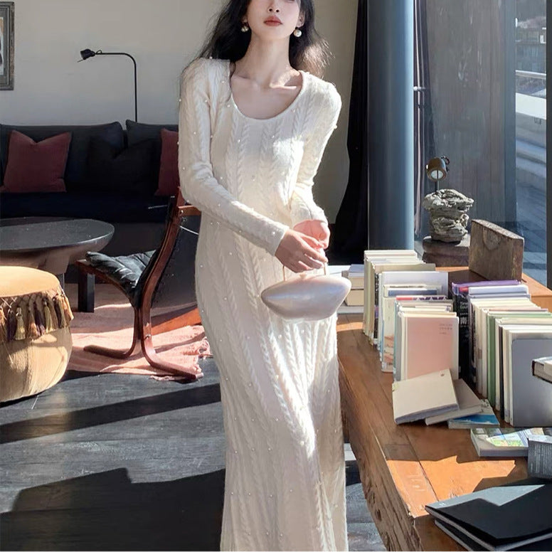 Damen Strickkleid mit Zopfmuster und Perlenspitze Drune