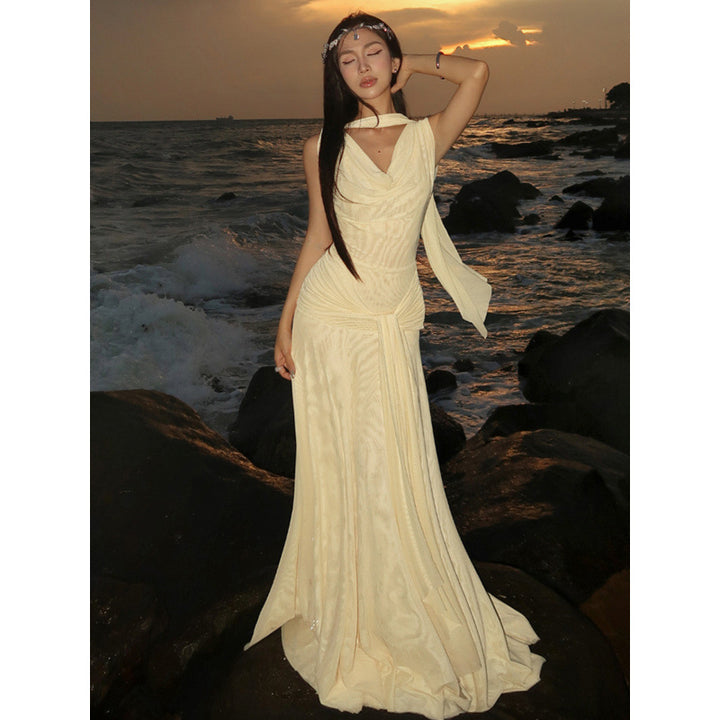 Damen schulterfreies Wickelmaxikleid mit drapiertem Oberteil und seitlichem Bindegürtel Drune