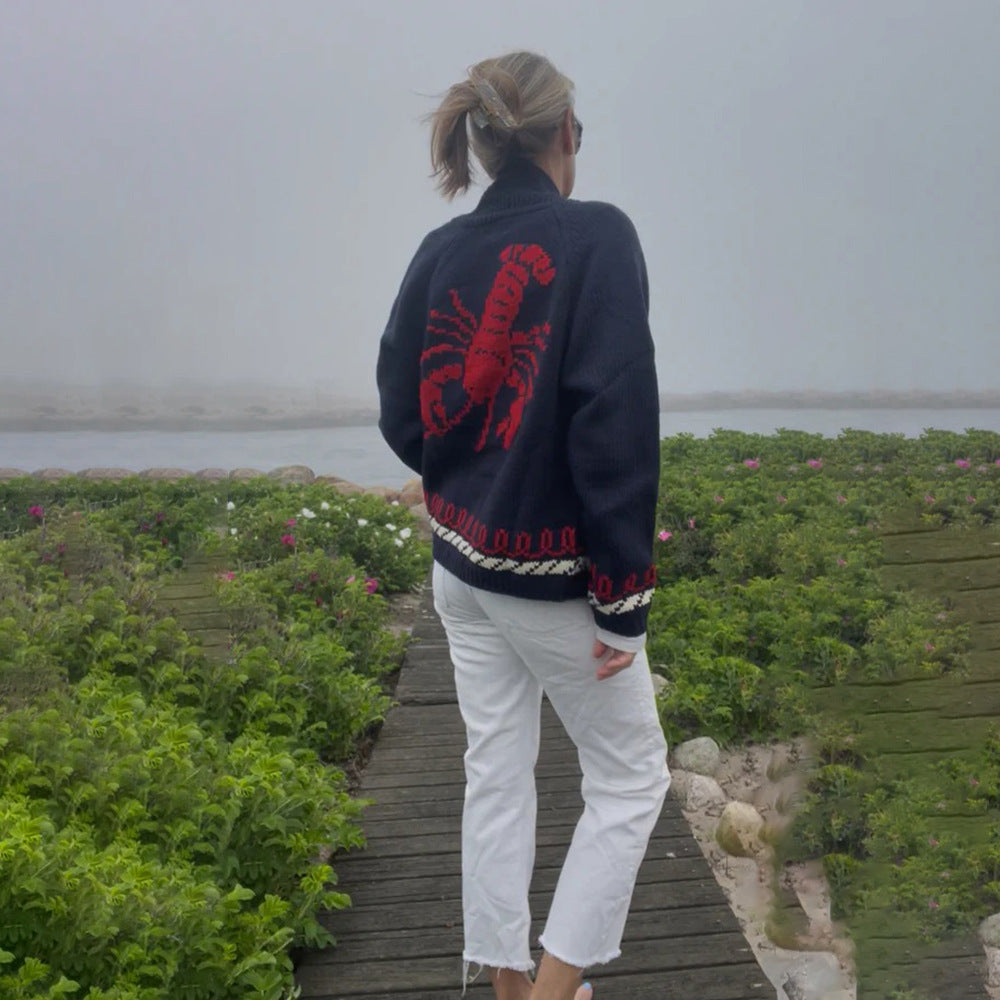 Damen Oversize Strickcardigan mit Walmotiv und nautischer Kontrastbordüre Drune