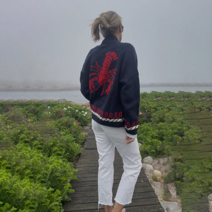 Damen Oversize Strickcardigan mit Walmotiv und nautischer Kontrastbordüre Drune