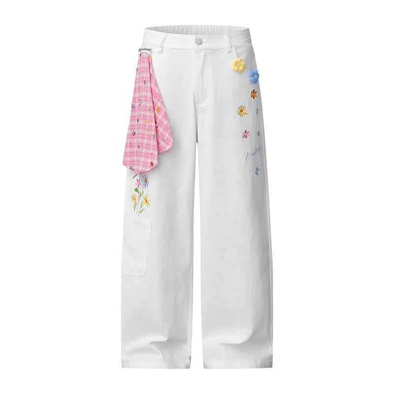 Damen Weite High‑Waist Denim‑Palazzo‑Jeans mit Blumenstickerei, Cargo‑Tasche und Tuchdetail Drune