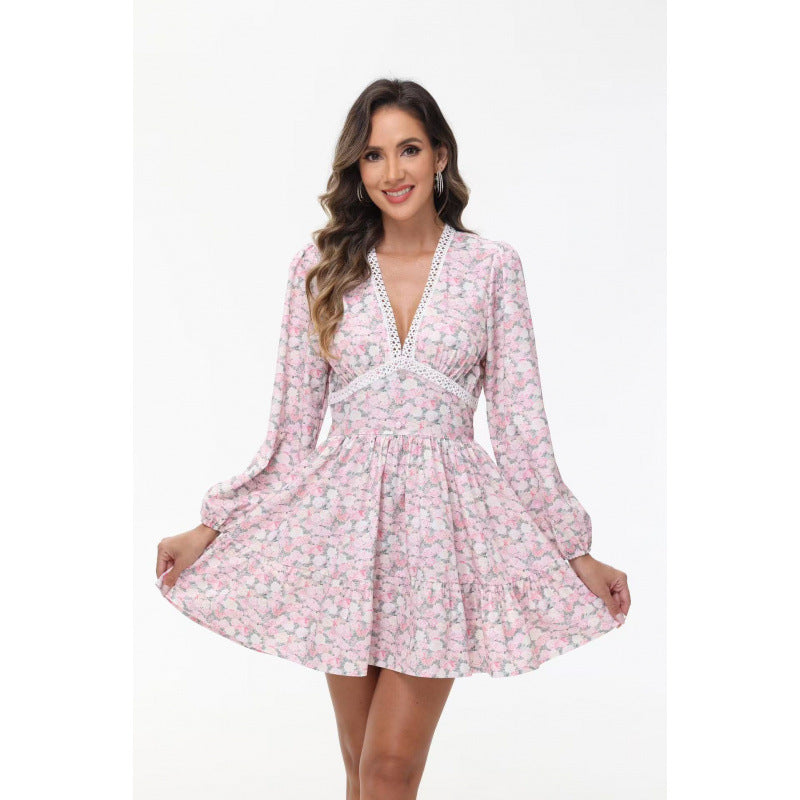 Damen Boho-florales Minikleid mit V-Ausschnitt und Puffärmeln Drune