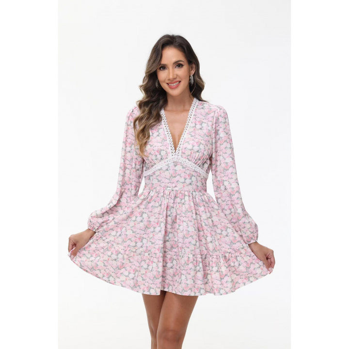 Damen Boho-florales Minikleid mit V-Ausschnitt und Puffärmeln Drune
