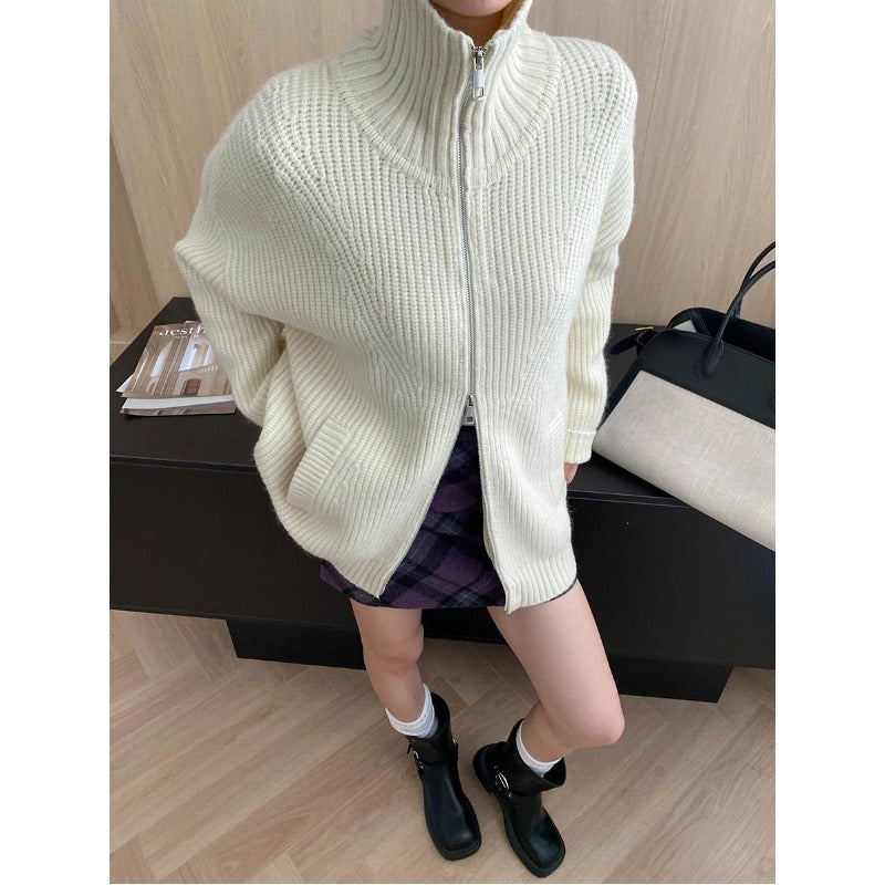 Damen kurzer Strickjacke mit großem Kragen und lockerer Passform Drune