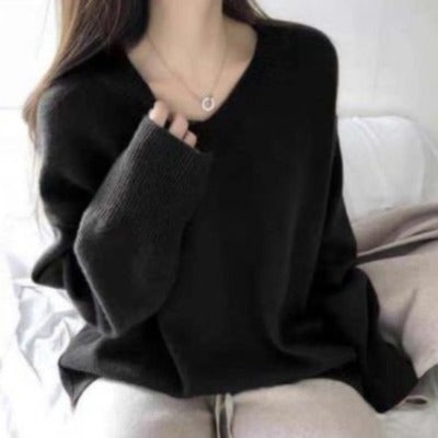 Damen Grob gestrickter V-Ausschnitt Pullover mit lässigem Schnitt und oversized Ärmeln Drune
