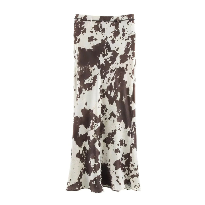 Damen 70+ weite seidige Hemdbluse mit Cow‑Print und verdeckter Knopfleiste Drune