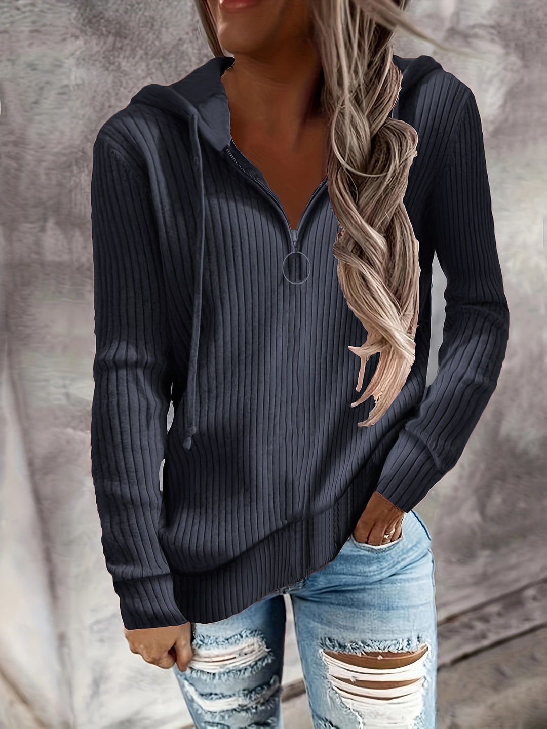 Damen Lässiger Rippstrick-Hoodie mit halbhohem Reißverschluss und Ringzipper Drune