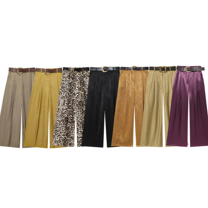 Damen High‑Waist Palazzo‑Hose mit Leoparden‑Print, weitem Bein und Ziergürtel Drune