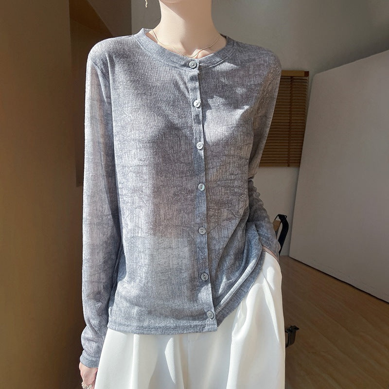 Damen Leichter Aquarell‑Print Feinstrick‑Cardigan mit Rundhalsausschnitt und Knopfleiste Drune