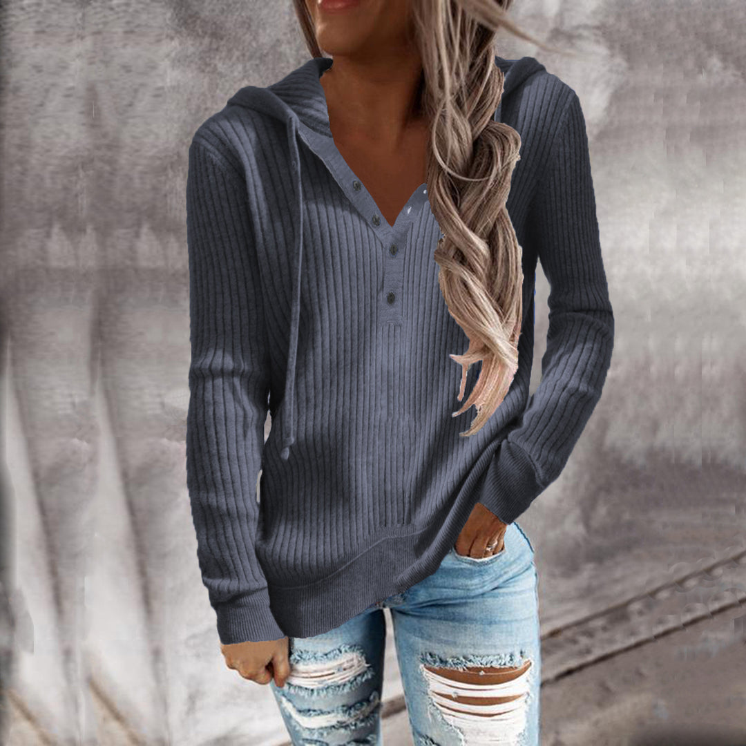 Damen Lässiger gerippter Hoodie-Pullover mit Henley-Knopfleiste und Tunnelzug Drune