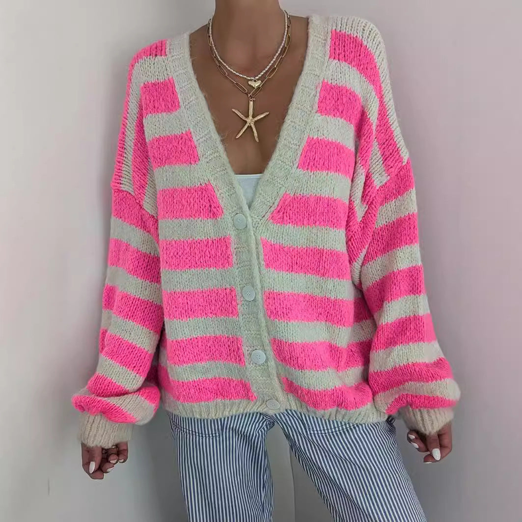 Damen Oversized Strickjacke mit modernem Streifenmuster und lässigem Schnitt Drune