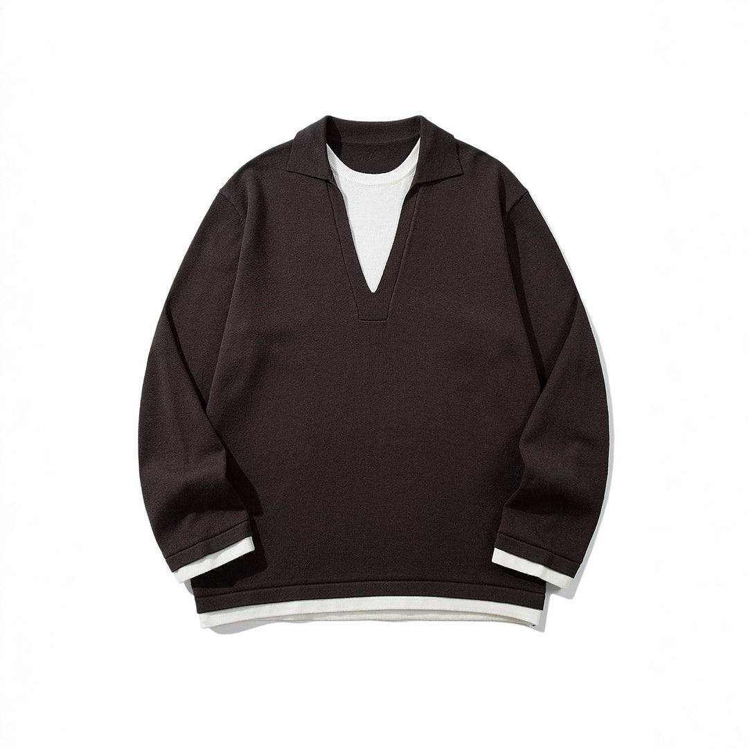 Unisex Lässiger Oversize Strickpullover mit tiefem V Einsatz und Hemd‑Layer Optik Drune