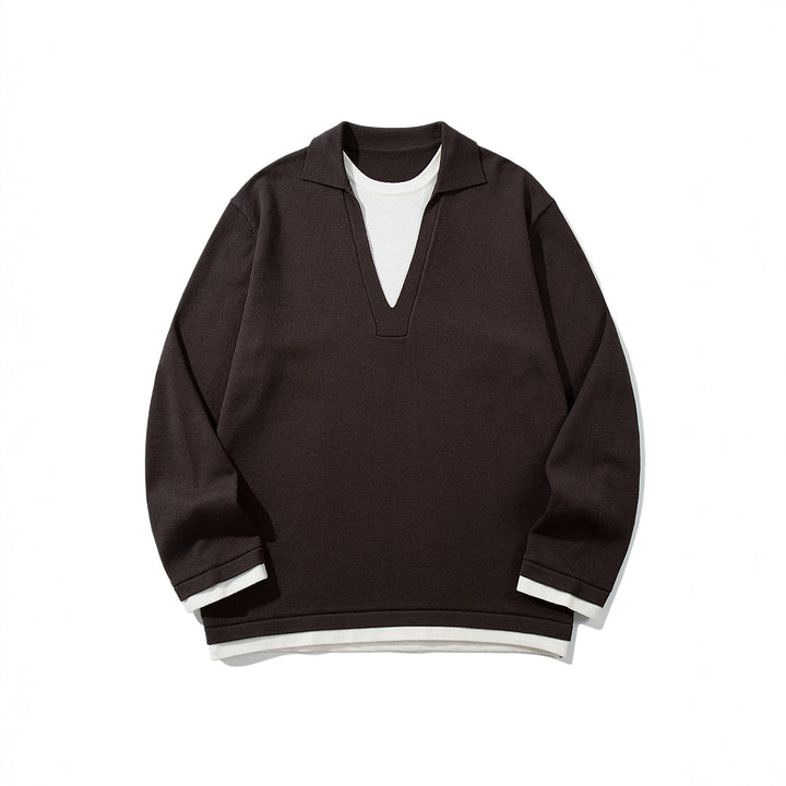 Unisex Lässiger Oversize Strickpullover mit tiefem V Einsatz und Hemd‑Layer Optik Drune