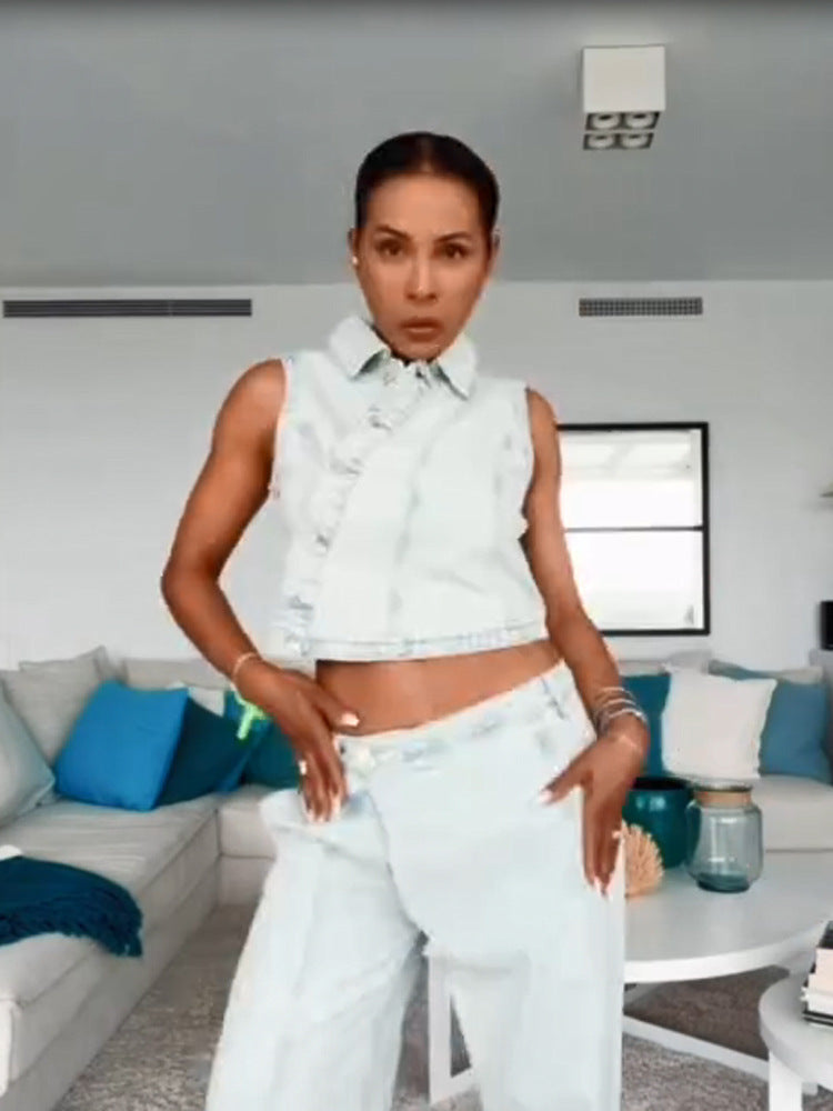 Damen Gekürztes ärmelloses Denim-Set mit taillierter Weste & weiter High-Waist-Hose Drune