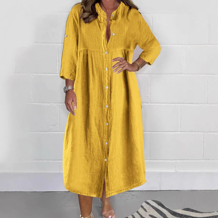 Damen Lockere Empire Midi Hemdkleid im Leinenlook mit Stehkragen und 3/4 Ärmeln Drune