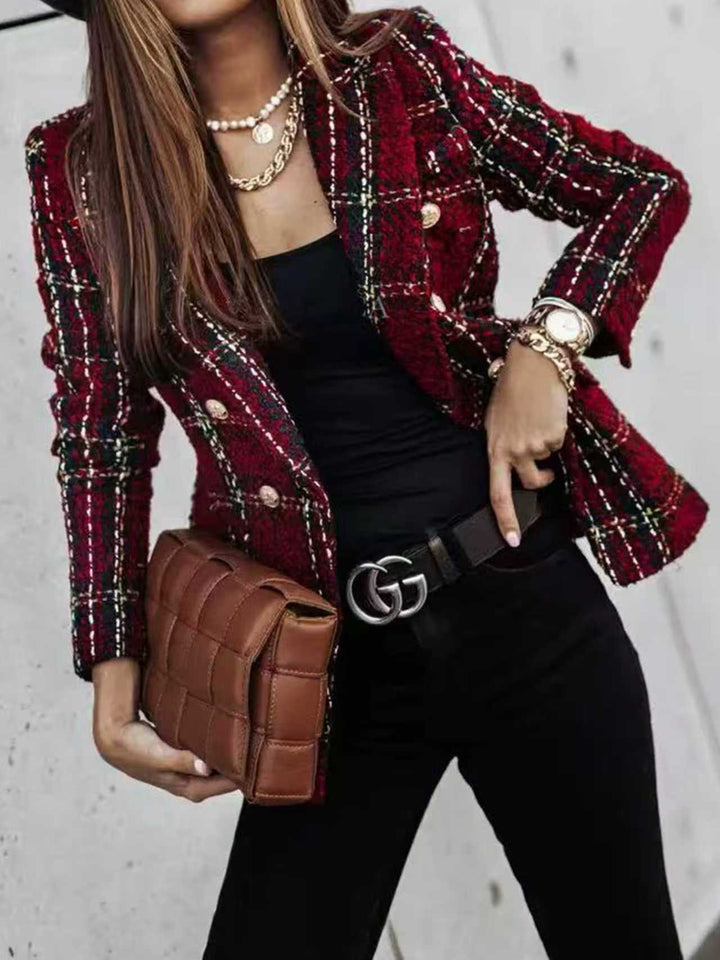 Damen Bouclé-Tweed-Blazer mit Karomuster und doppelreihiger Knopfleiste Drune