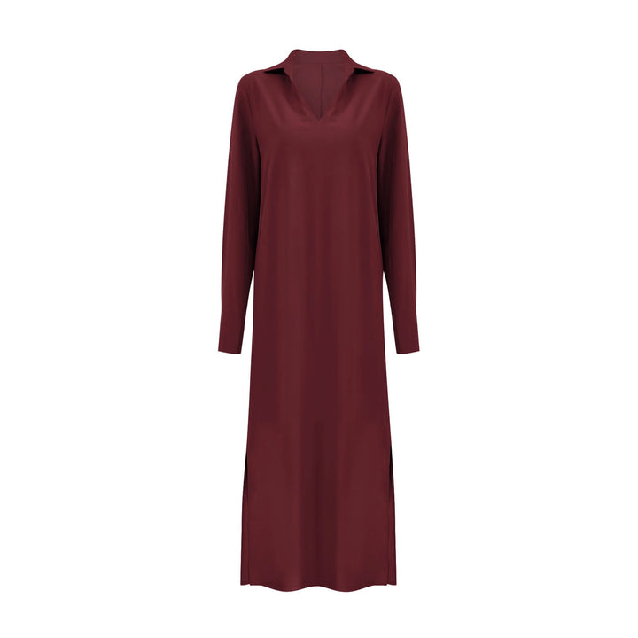 Damen Fließendes Maxikleid mit Stehkragen‑V‑Ausschnitt, langen Ärmeln und seitlichen Eingrifftaschen Drune
