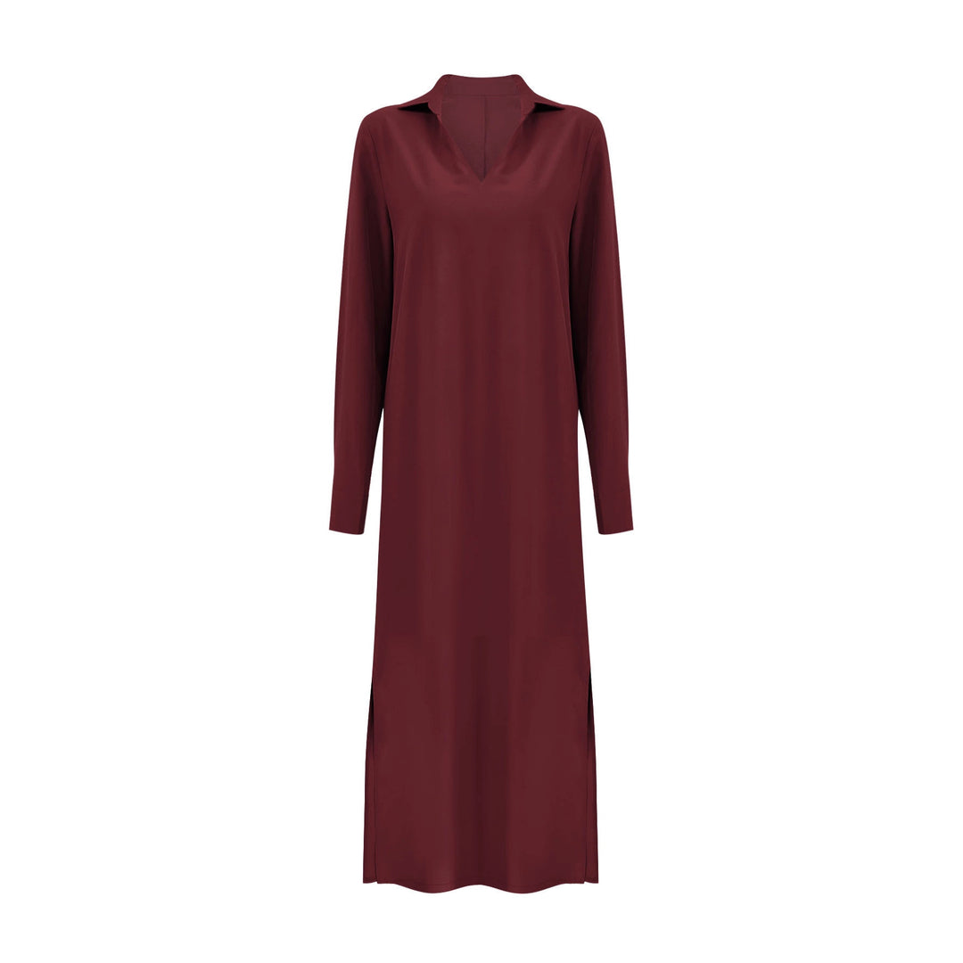 Damen Kragenblusenkleid mit V-Ausschnitt, Eingrifftaschen und seitlichen Schlitzen Drune