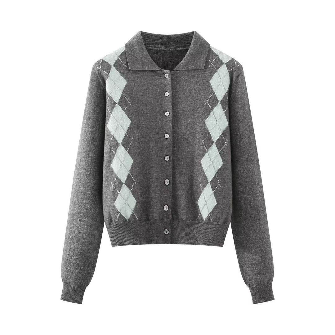 Damen Feinstrick-Cardigan mit Argyle‑Muster, Polokragen und tailliertem Cropped‑Schnitt Drune