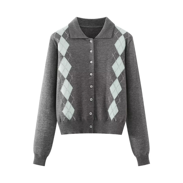 Damen Feinstrick-Cardigan mit Argyle‑Muster, Polokragen und tailliertem Cropped‑Schnitt Drune