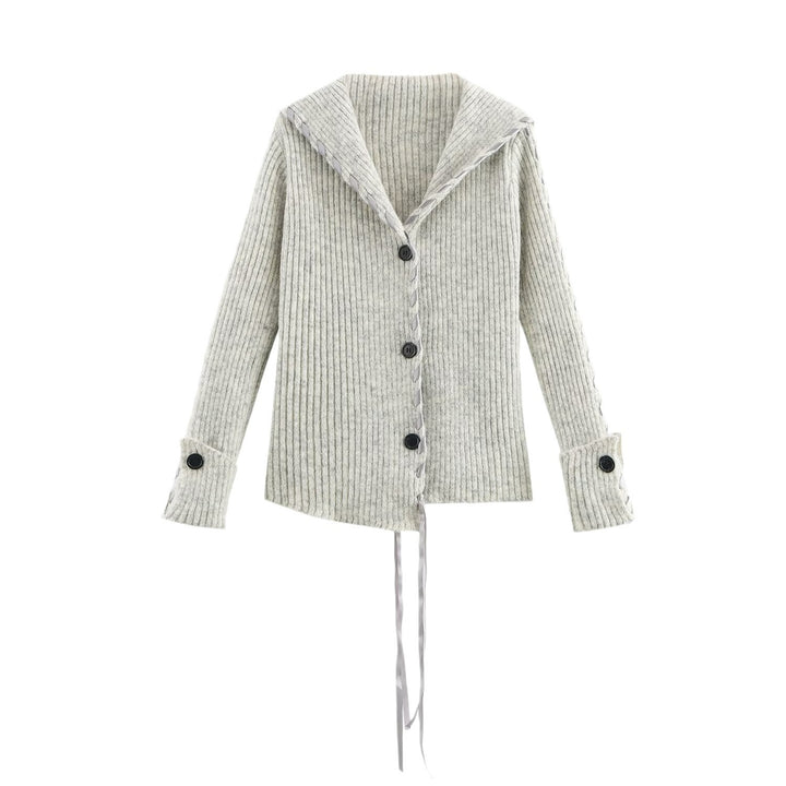 Damen Gerippte Strickjacke mit Matrosenkragen, Zierband‑Schnürung und Knopfleiste Drune