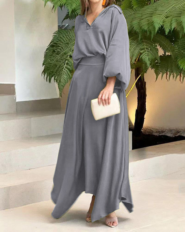 Damen Elegantes Maxikleid mit Kapuzen‑V‑Ausschnitt, Ballonärmeln und fließendem Saum Drune