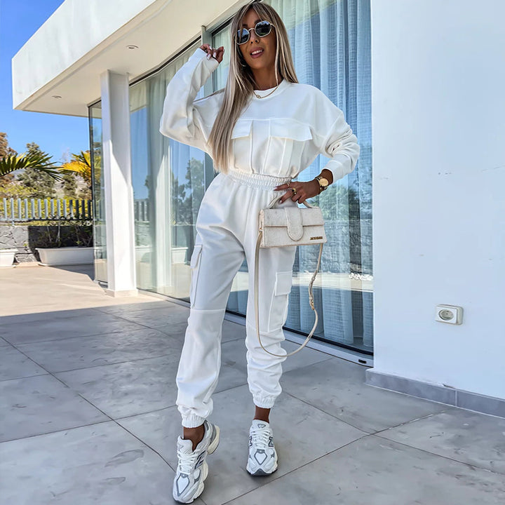 Damen Cargo-Loungewear-Set aus weicher Baumwollmischung mit hoher Taille und aufgesetzten Cargo-Taschen Drune