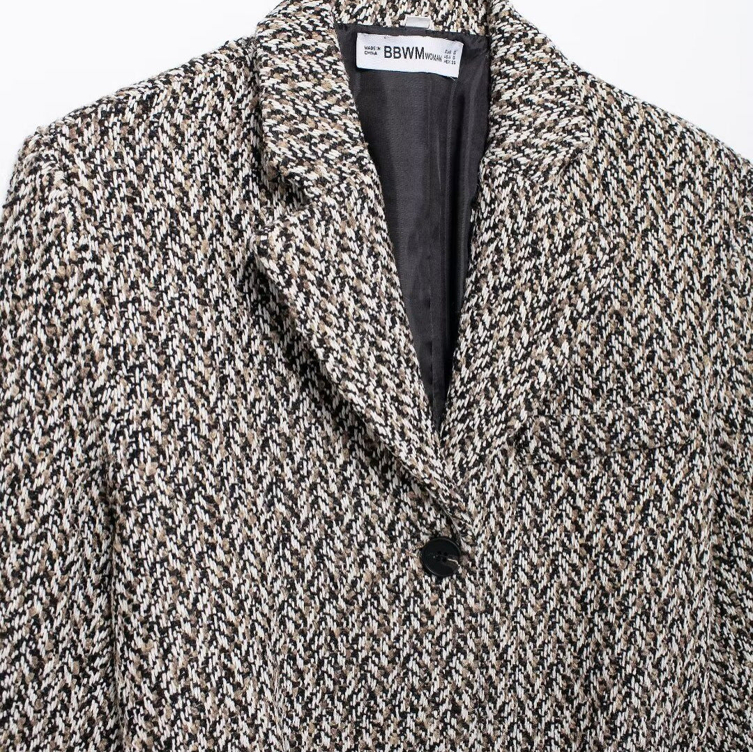 Damen Midilanger Bouclé-Tweed-Blazerjacke mit Lederimitat‑Gürtel Drune