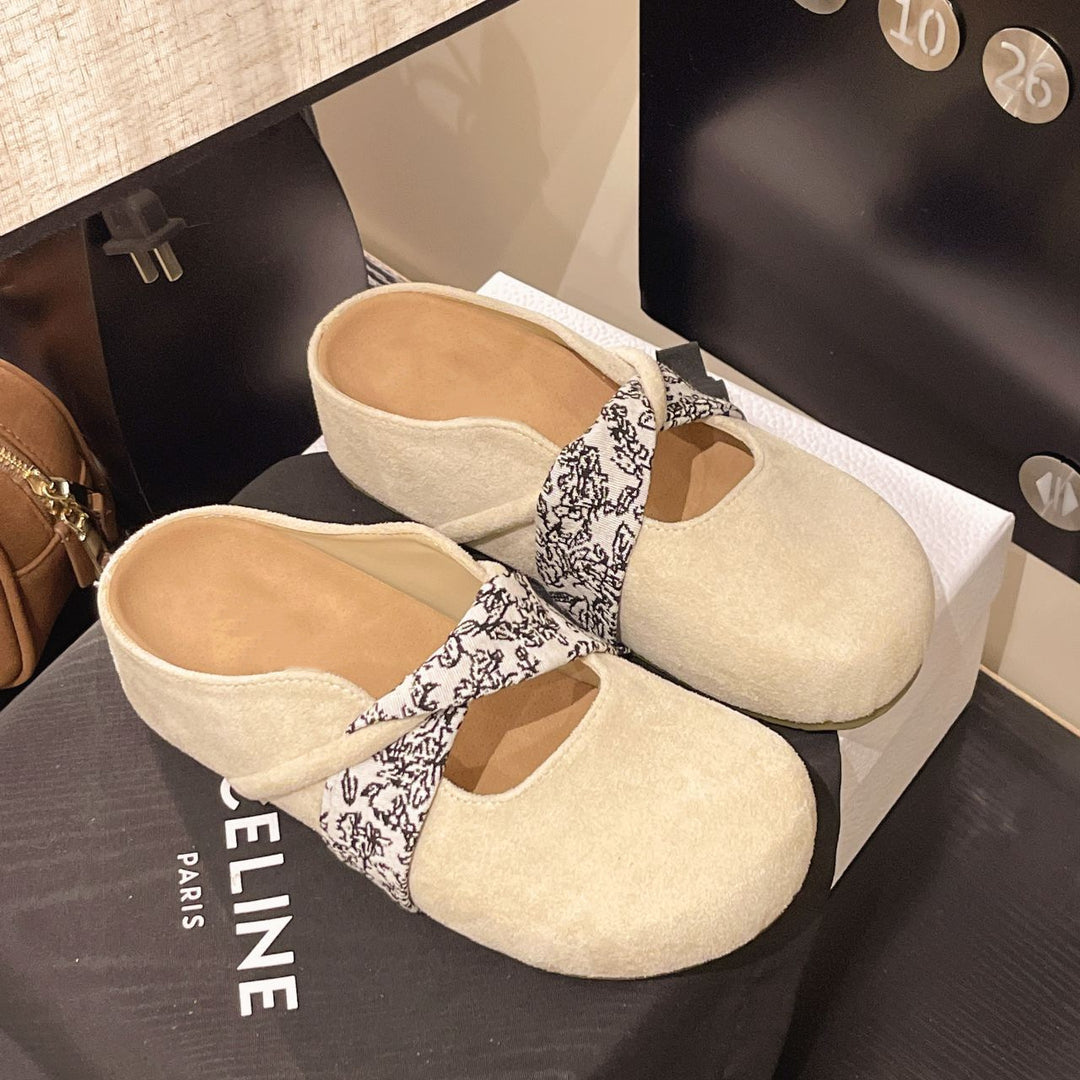 Damen Velours-Mules mit gepolstertem Fußbett und Zierkreuzriemen Drune