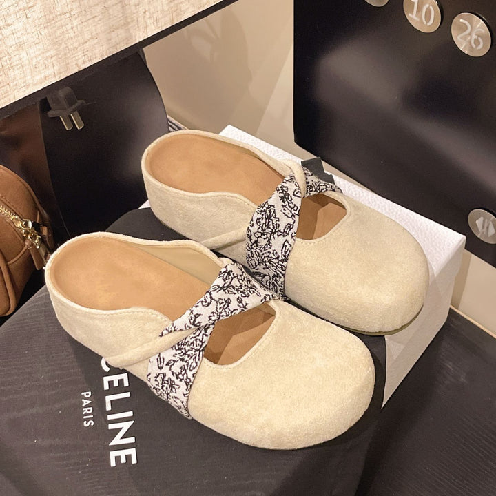 Damen Velours-Mules mit gepolstertem Fußbett und Zierkreuzriemen Drune