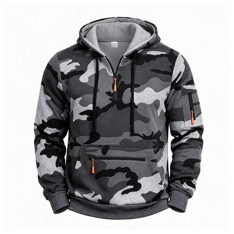Herren Kapuzenpullover Camouflage mit Fleecefutter, Halbzip und Reißverschlusstaschen Drune