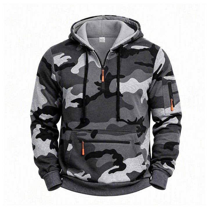 Herren Kapuzenpullover Camouflage mit Fleecefutter, Halbzip und Reißverschlusstaschen Drune