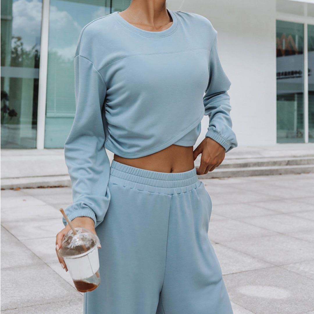 Damen weites Lounge-Set mit Cropped-Oversize-Pullover und High-Waist Palazzo-Hose Drune