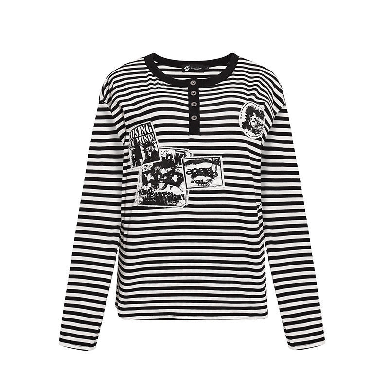 Damen Gestreiftes Langarm-Henleyshirt mit Knopfleiste und Grafikpatches Drune