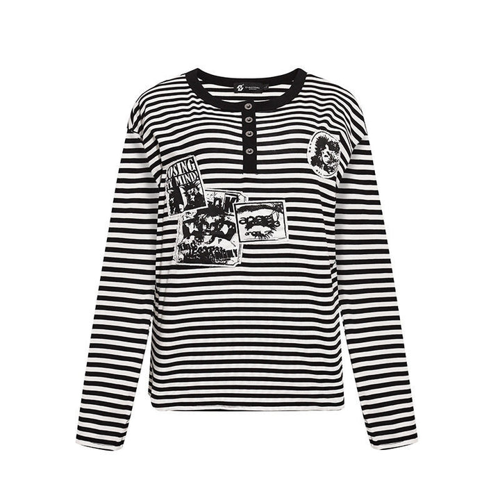 Damen Gestreiftes Langarm-Henleyshirt mit Knopfleiste und Grafikpatches Drune