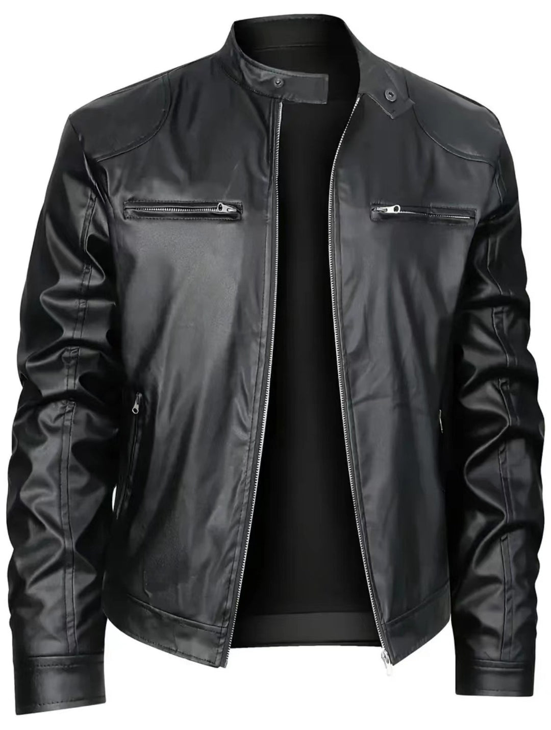 Herren nan schlanke Kunstleder-Bikerjacke mit Stehkragen, durchgehendem Reißverschluss und zwei Brusttaschen Drune