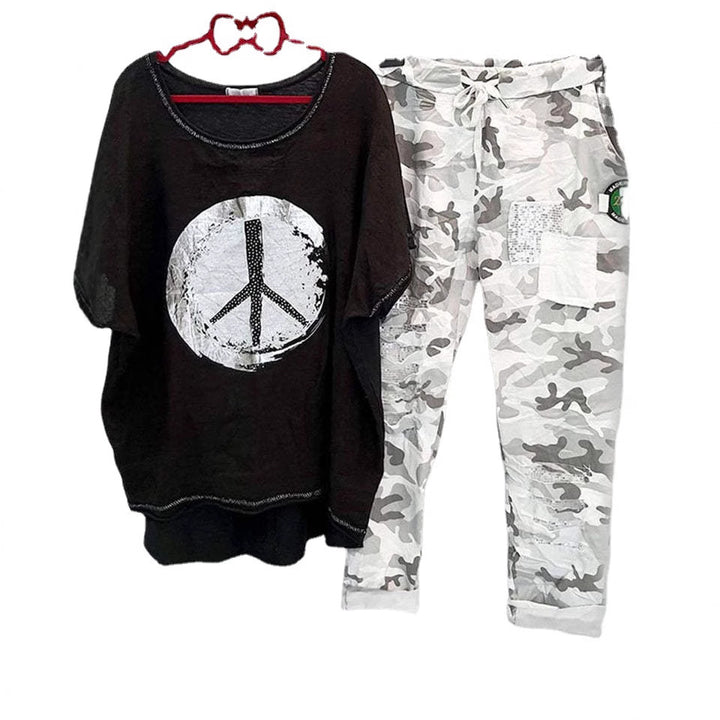 Damen nan lässiges Freizeit-Zweiteiler mit weit geschnittenem Leinenoptik-Shirt, Peace-Symbol und Camouflage-Jogpant mit Patchdetails Drune