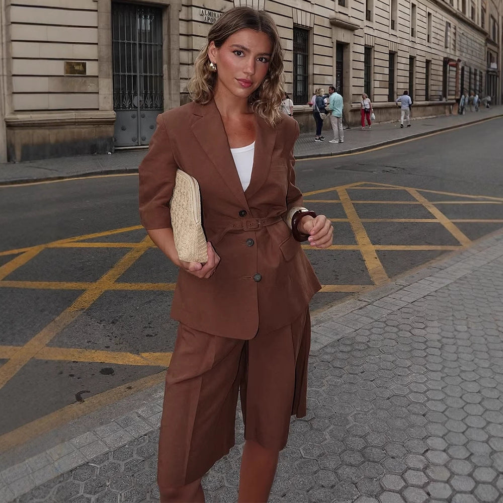 Damen Leinen-Mix taillierter Blazer mit Gürtel, 3/4-Ärmeln & Pattentaschen Drune