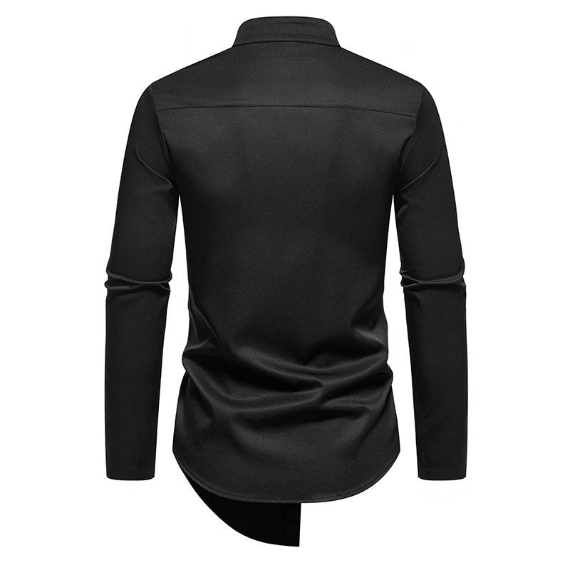 Herren elegantes Langarm-Hemd mit modernem Stehkragen und asymmetrischem Schnitt Drune