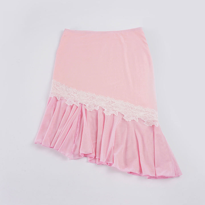 Damen Asymmetrischer Midirock mit Spitzenbesatz und Volantsaum Drune