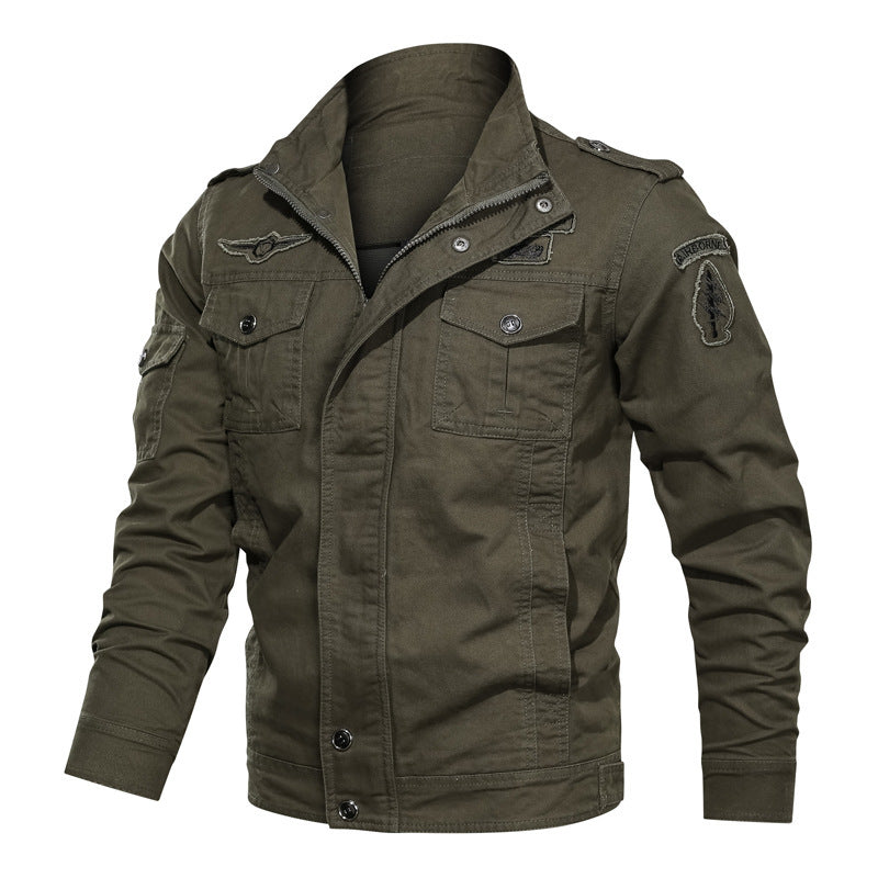 Herren Military-Canvas Fieldjacke mit Stehkragen Schulterklappen und Multifunktions-Taschen Drune